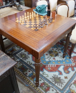 A reproduction square mahogany inlaid games table with chequer board surface, interior with baize and backgammon surfaces, width 91cm, height 78cm